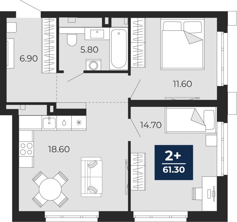 Планировка 2-комн. квартира, 61.3 м² — ЖК «Айвазовский»