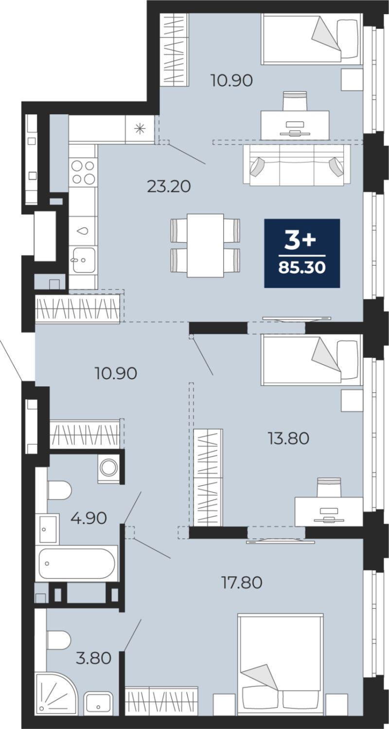 Планировка 3-комн. квартира, 85.3 м² — ЖК «Айвазовский»