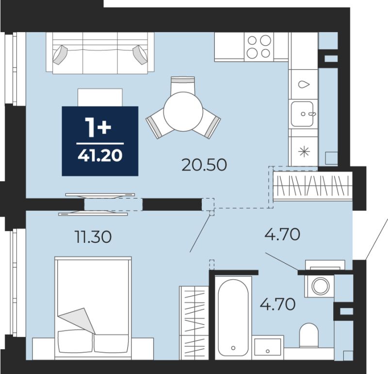 Планировка 1-комн. квартира, 41.2 м² — ЖК «Айвазовский»