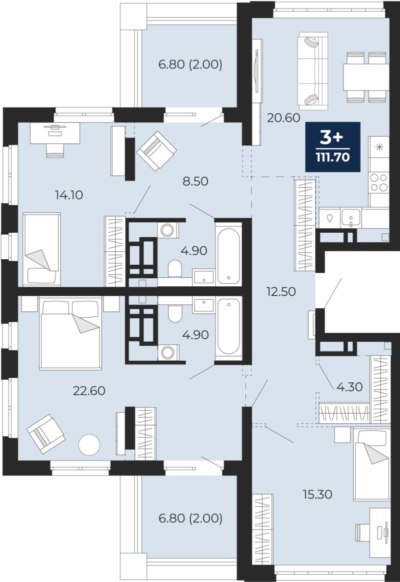 Планировка 3-комн. квартира, 111.7 м² — ЖК «Айвазовский»