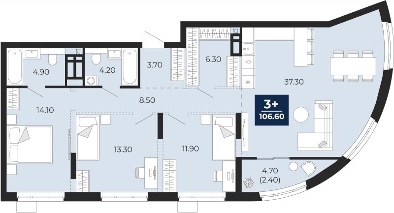 Планировка 3-комн. квартира, 106.6 м² — ЖК «Айвазовский»