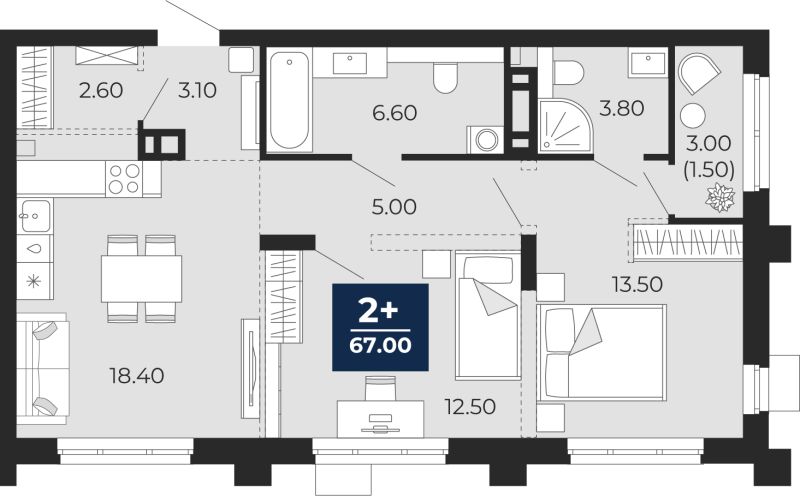 Планировка 2-комн. квартира, 67 м² — ЖК «Айвазовский»