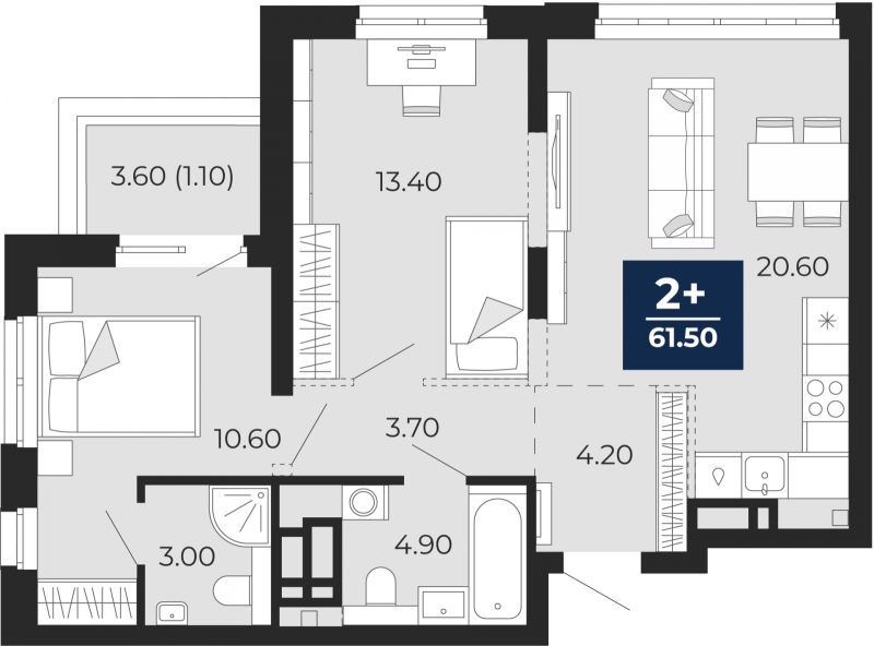 Планировка 2-комн. квартира, 61.5 м² — ЖК «Айвазовский»