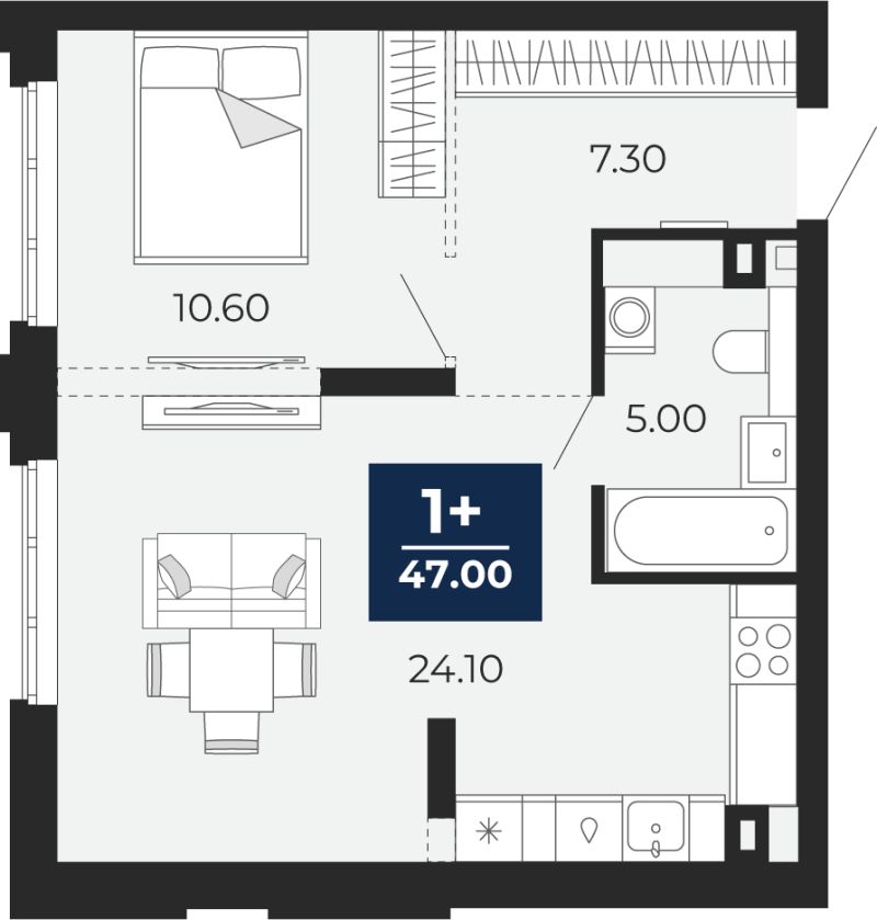 Планировка 1-комн. квартира, 47 м² — ЖК «Айвазовский»