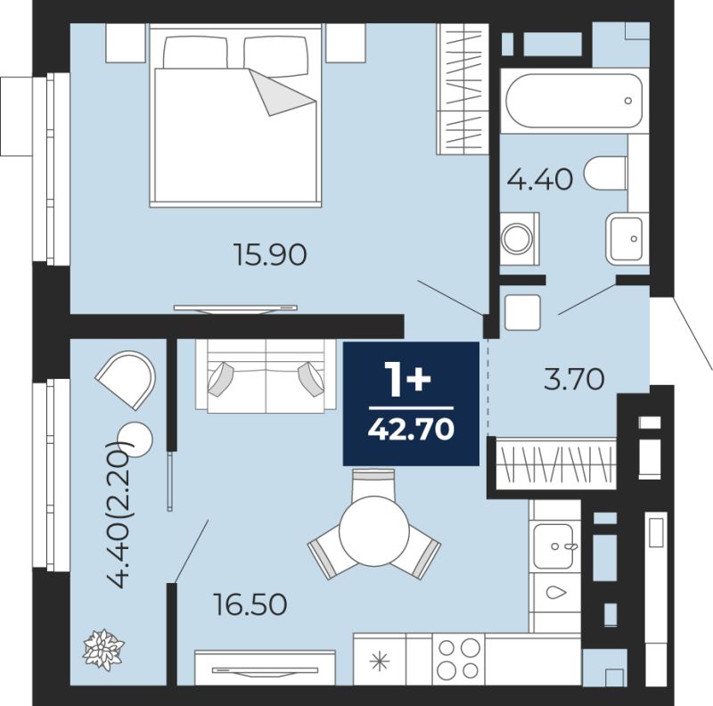 Планировка 1-комн. квартира, 40.5 м² — ЖК «Айвазовский»