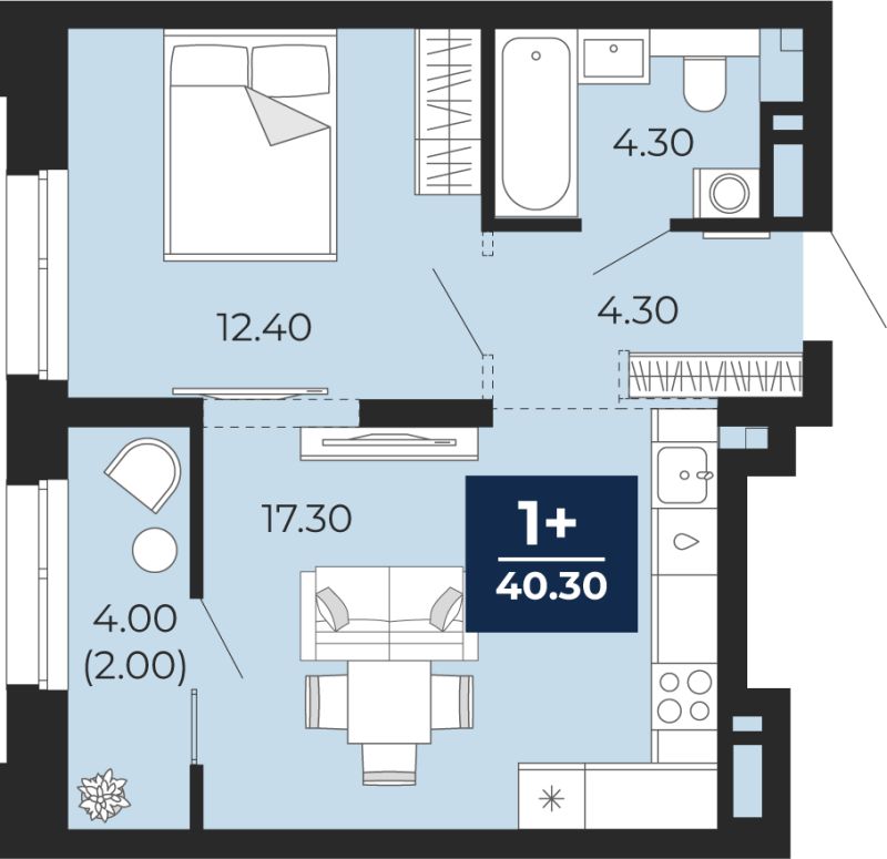 Планировка 1-комн. квартира, 38.3 м² — ЖК «Айвазовский»