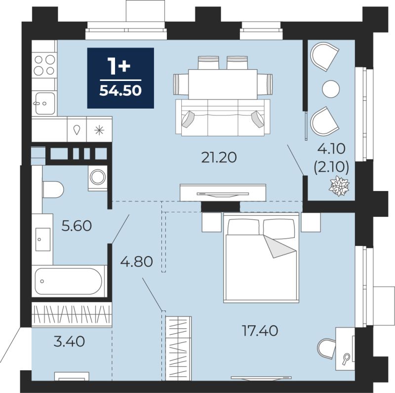 Планировка 1-комн. квартира, 52.4 м² — ЖК «Айвазовский»