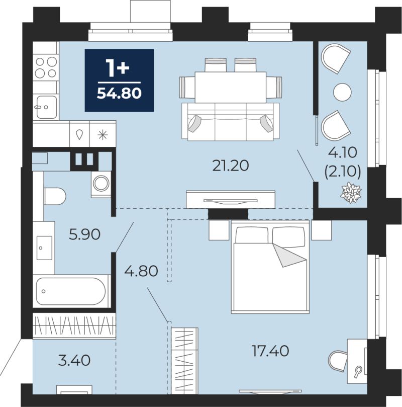 Планировка 1-комн. квартира, 52.7 м² — ЖК «Айвазовский»