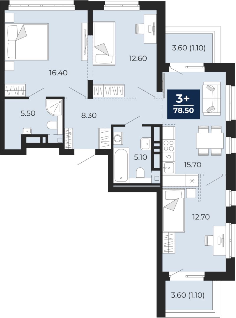 Планировка 3-комн. квартира, 76.3 м² — ЖК «Айвазовский»