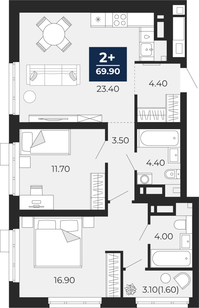 Планировка 2-комн. квартира, 68.3 м² — ЖК «Айвазовский»