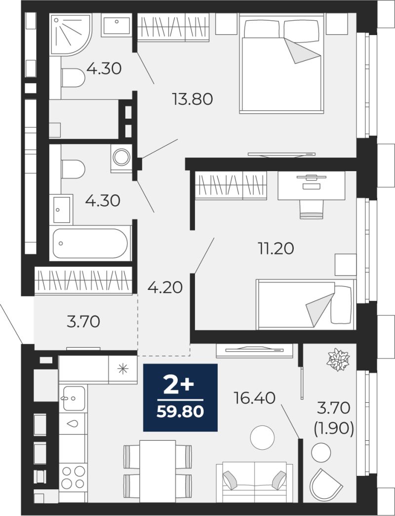 Планировка 2-комн. квартира, 57.9 м² — ЖК «Айвазовский»