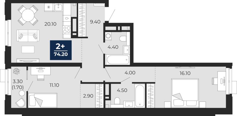 Планировка 2-комн. квартира, 72.5 м² — ЖК «Айвазовский»