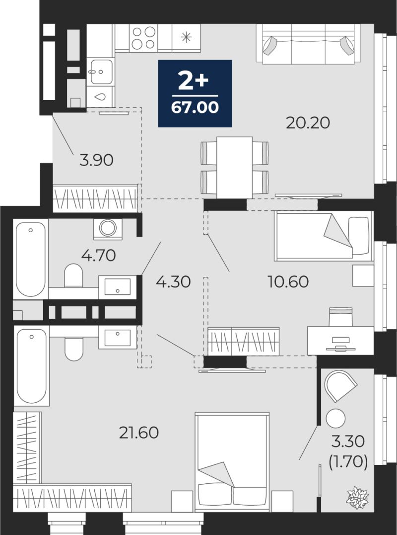 Планировка 2-комн. квартира, 65.3 м² — ЖК «Айвазовский»