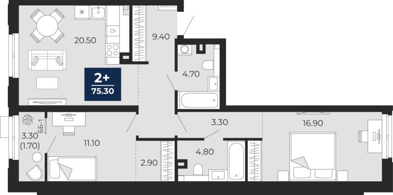 Планировка 2-комн. квартира, 73.5 м² — ЖК «Айвазовский»
