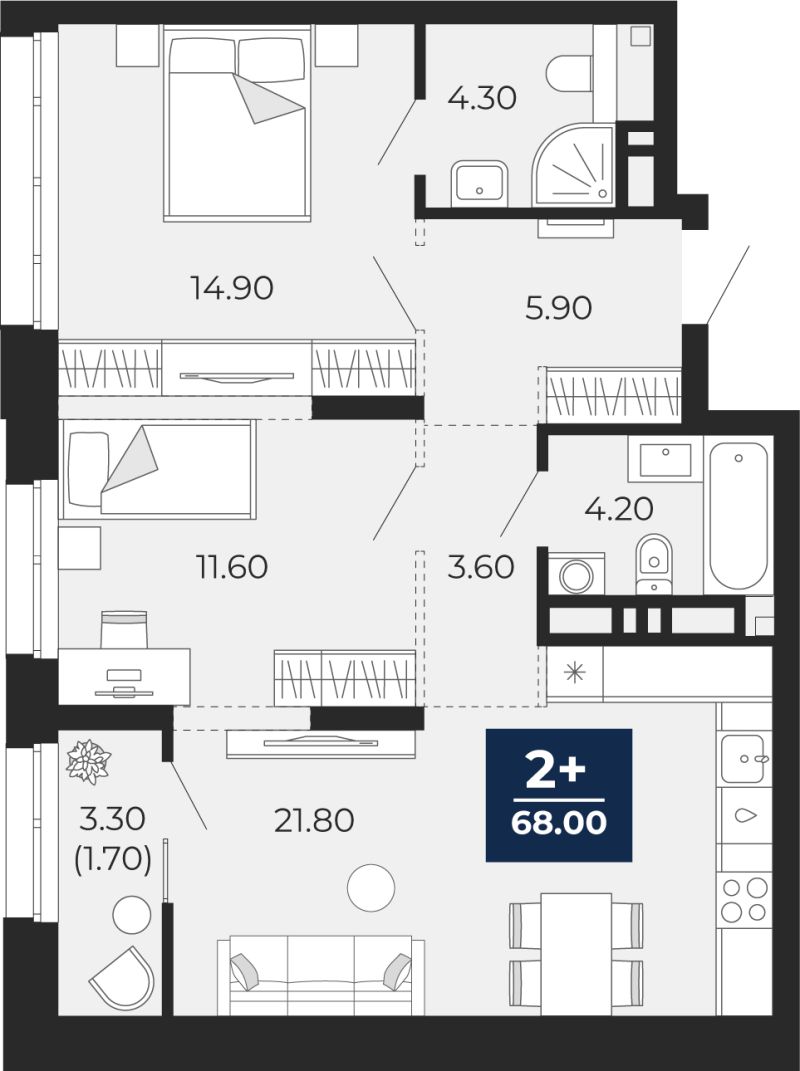 Планировка 2-комн. квартира, 66.3 м² — ЖК «Айвазовский»