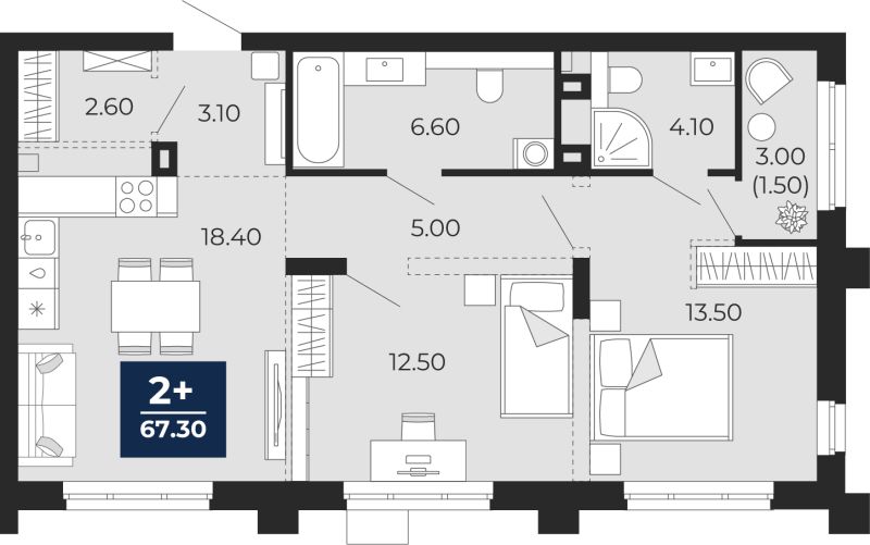 Планировка 2-комн. квартира, 65.8 м² — ЖК «Айвазовский»