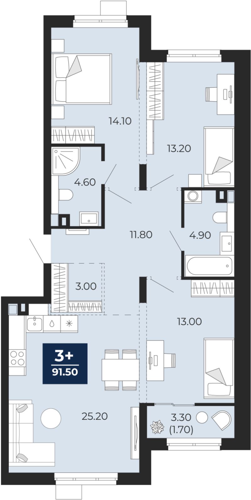 Планировка 3-комн. квартира, 89.8 м² — ЖК «Айвазовский»