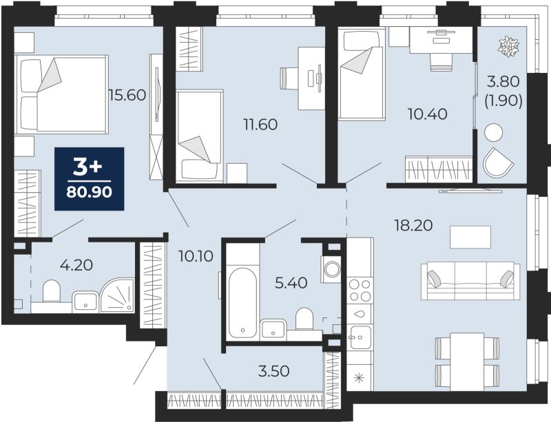 Планировка 3-комн. квартира, 79 м² — ЖК «Айвазовский»