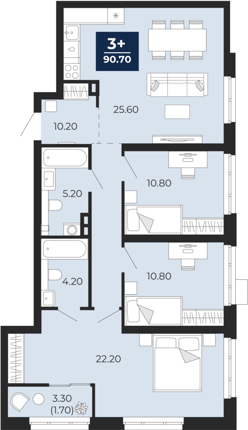 Планировка 3-комн. квартира, 89 м² — ЖК «Айвазовский»
