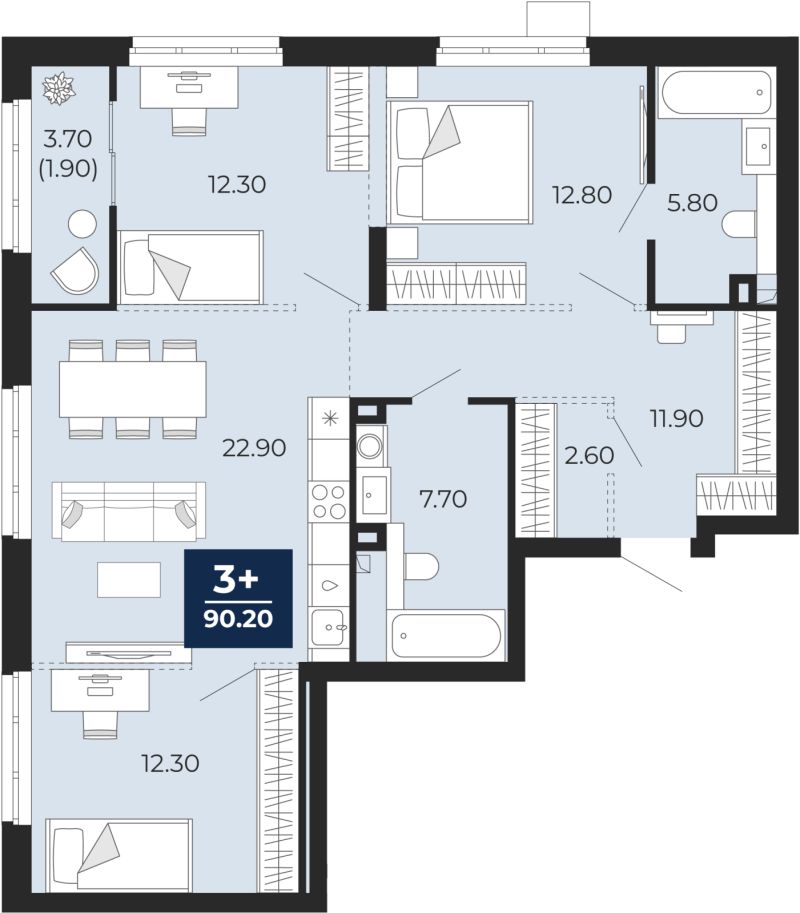 Планировка 3-комн. квартира, 88.3 м² — ЖК «Айвазовский»