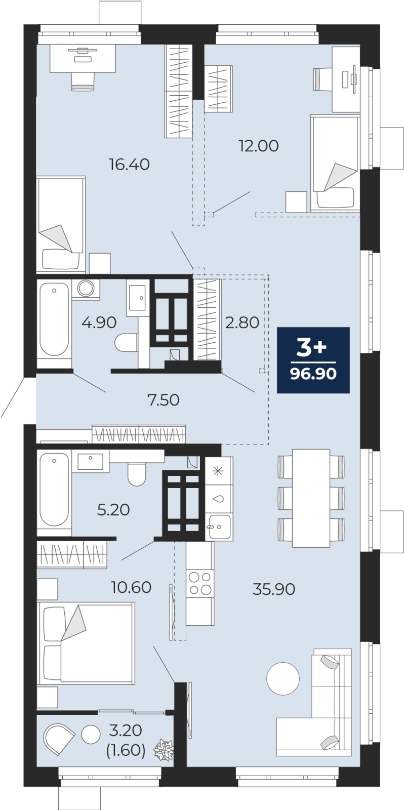 Планировка 3-комн. квартира, 95.3 м² — ЖК «Айвазовский»