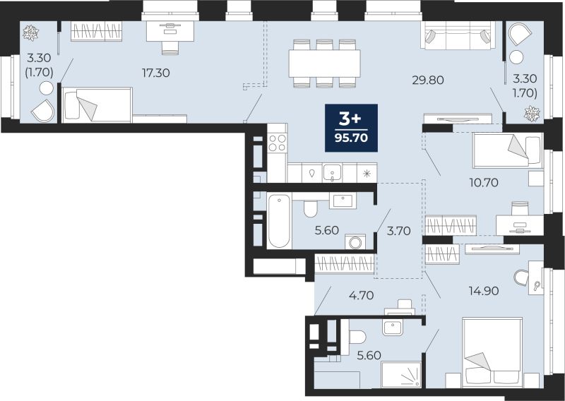 Планировка 3-комн. квартира, 92.3 м² — ЖК «Айвазовский»