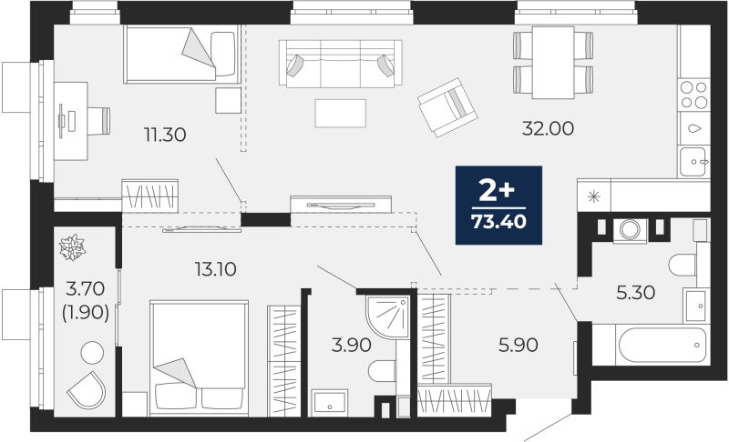 Планировка 2-комн. квартира, 71.5 м² — ЖК «Айвазовский»