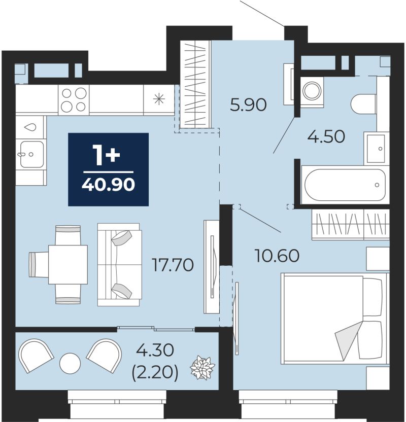 Планировка 1-комн. квартира, 38.7 м² — ЖК «Айвазовский»