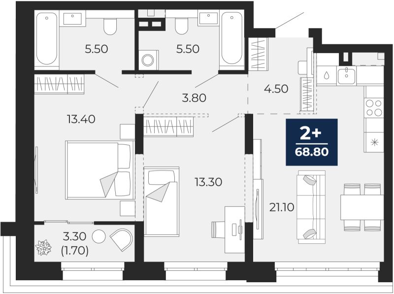 Планировка 2-комн. квартира, 67.1 м² — ЖК «Айвазовский»