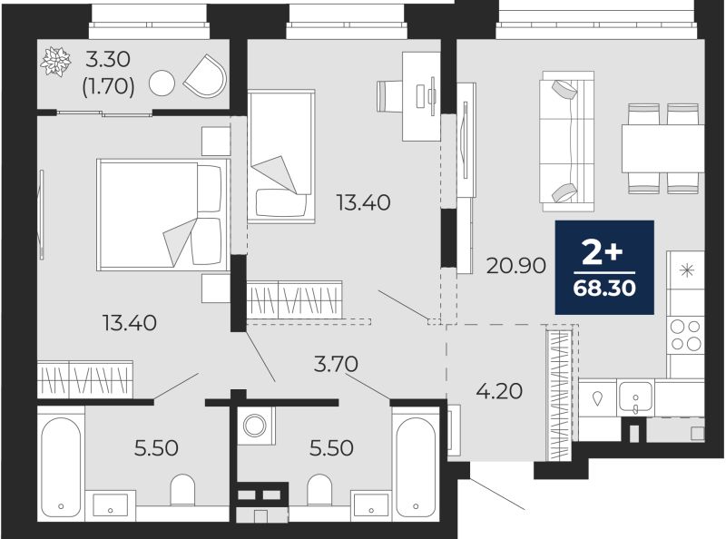 Планировка 2-комн. квартира, 66.6 м² — ЖК «Айвазовский»