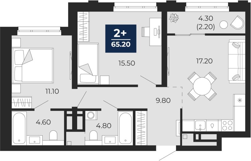 Планировка 2-комн. квартира, 63 м² — ЖК «Айвазовский»