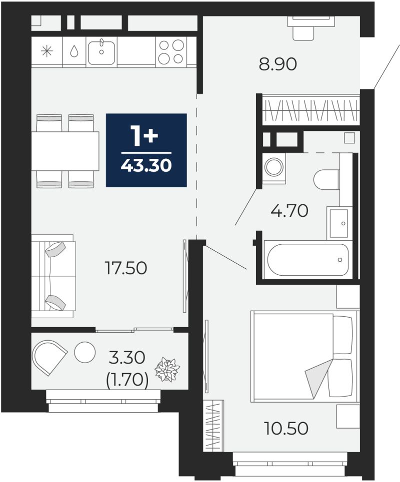 Планировка 1-комн. квартира, 41.6 м² — ЖК «Айвазовский»