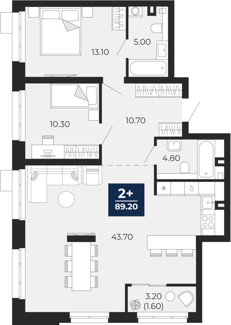 Планировка 2-комн. квартира, 87.6 м² — ЖК «Айвазовский»