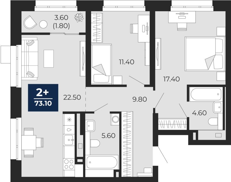 Планировка 2-комн. квартира, 71.3 м² — ЖК «Айвазовский»