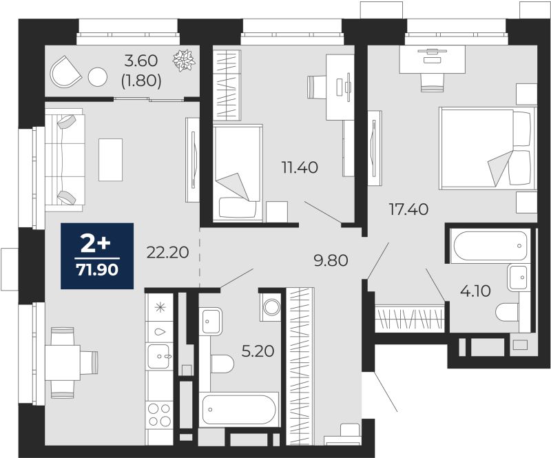 Планировка 2-комн. квартира, 70.1 м² — ЖК «Айвазовский»