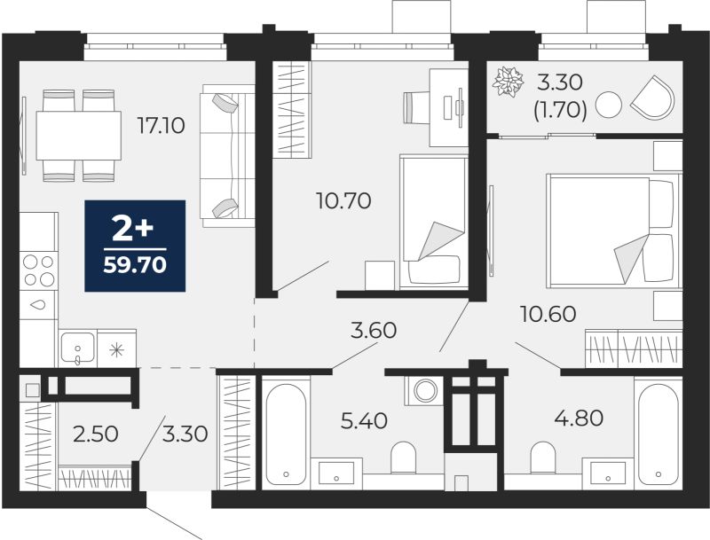 Планировка 2-комн. квартира, 58 м² — ЖК «Айвазовский»