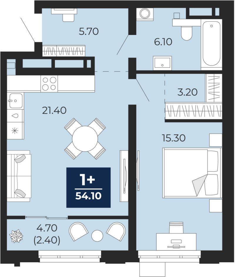 Планировка 1-комн. квартира, 51.7 м² — ЖК «Айвазовский»
