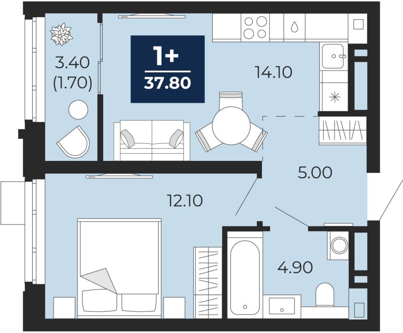 Планировка 1-комн. квартира, 36.1 м² — ЖК «Айвазовский»