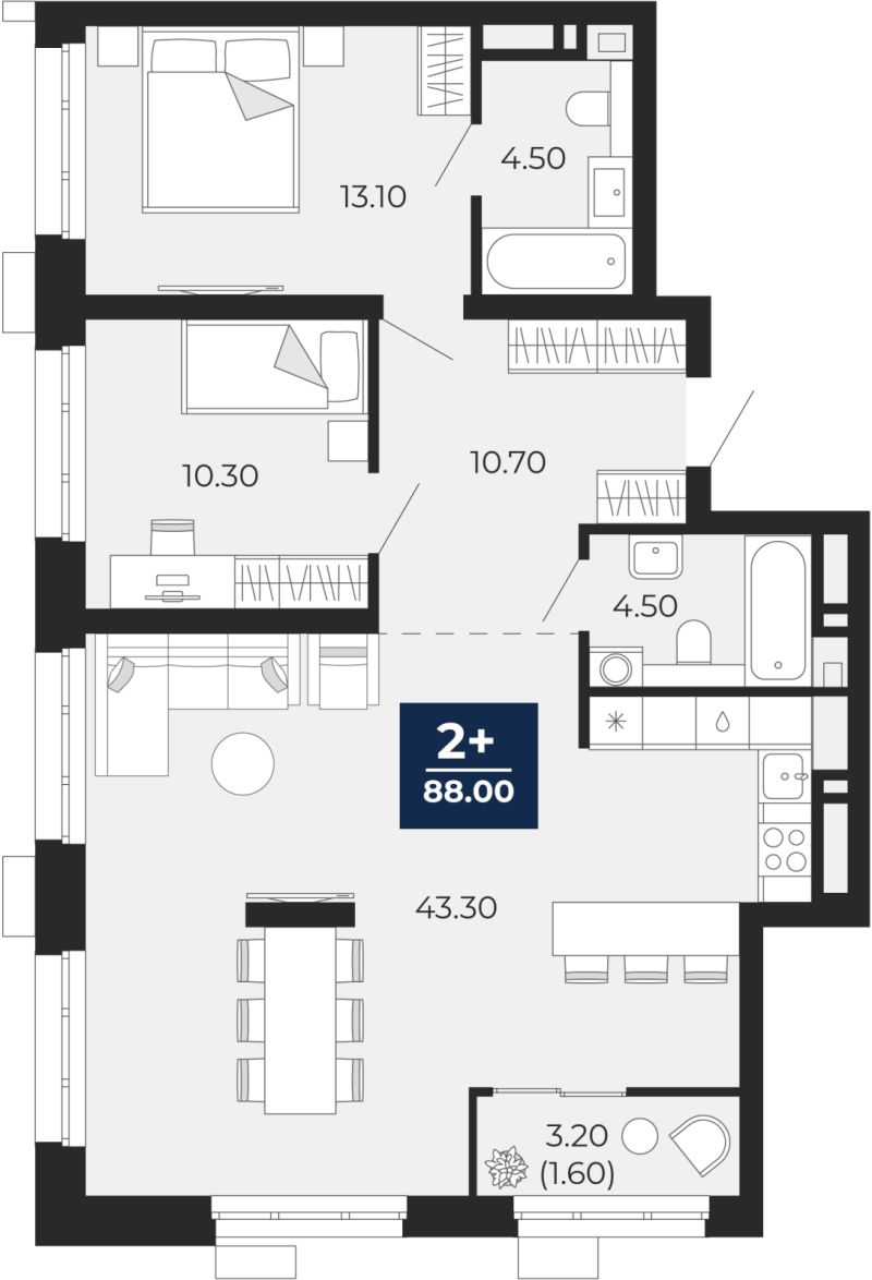 Планировка 2-комн. квартира, 86.4 м² — ЖК «Айвазовский»