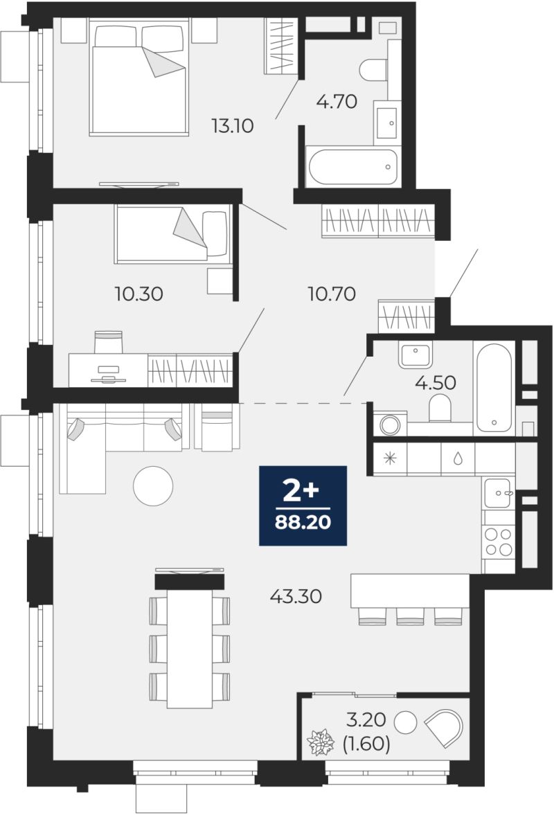 Планировка 2-комн. квартира, 86.6 м² — ЖК «Айвазовский»