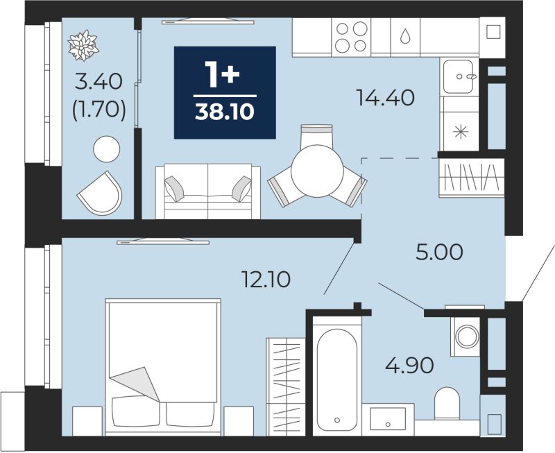 Планировка 1-комн. квартира, 36.4 м² — ЖК «Айвазовский»