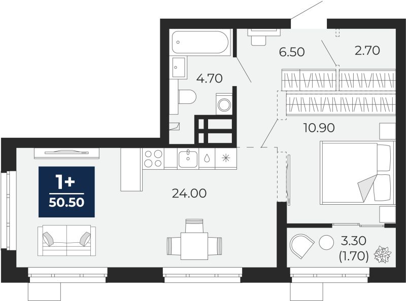 Планировка 1-комн. квартира, 48.8 м² — ЖК «Айвазовский»