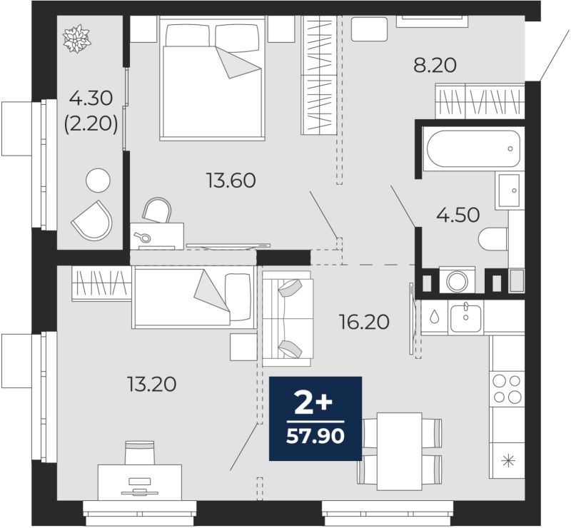 Планировка 2-комн. квартира, 55.7 м² — ЖК «Айвазовский»