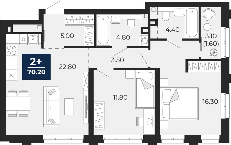 Планировка 2-комн. квартира, 68.6 м² — ЖК «Айвазовский»