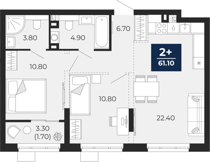 Планировка 2-комн. квартира, 59.4 м² — ЖК «Айвазовский»