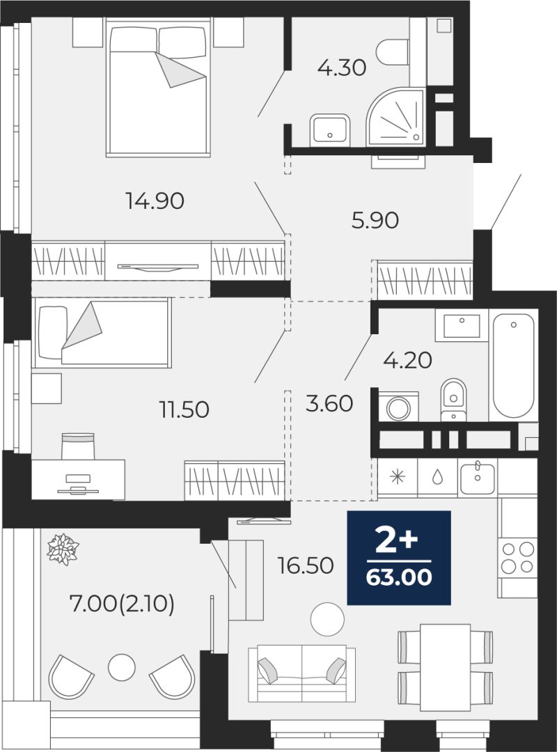 Планировка 2-комн. квартира, 60.9 м² — ЖК «Айвазовский»