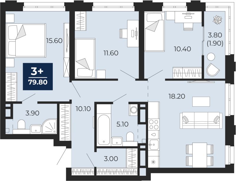 Планировка 3-комн. квартира, 77.9 м² — ЖК «Айвазовский»