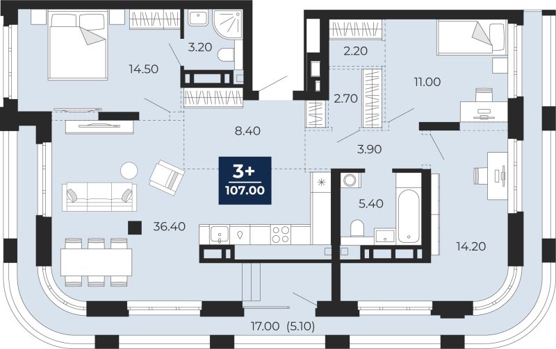 Планировка 2-комн. квартира, 101.9 м² — ЖК «Айвазовский»