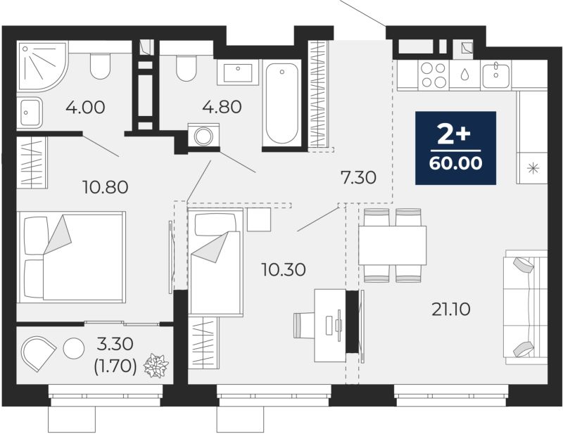 Планировка 2-комн. квартира, 58.3 м² — ЖК «Айвазовский»