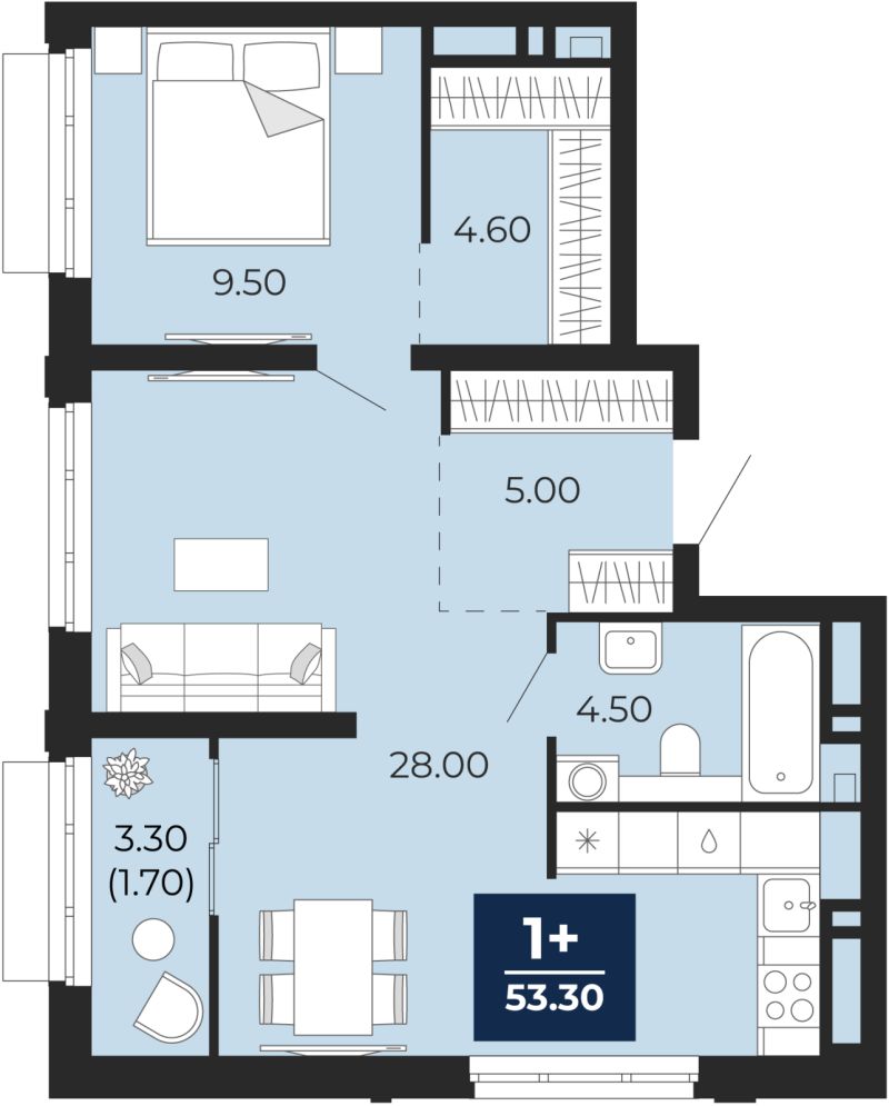 Планировка 1-комн. квартира, 51.6 м² — ЖК «Айвазовский»